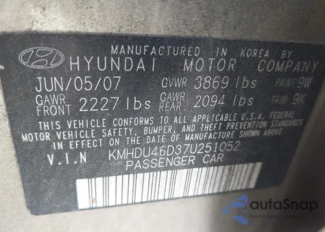 2007 Hyundai Elantra Gls/Limited/Se from USA, damaged, VIN KMHDU46D37U251052